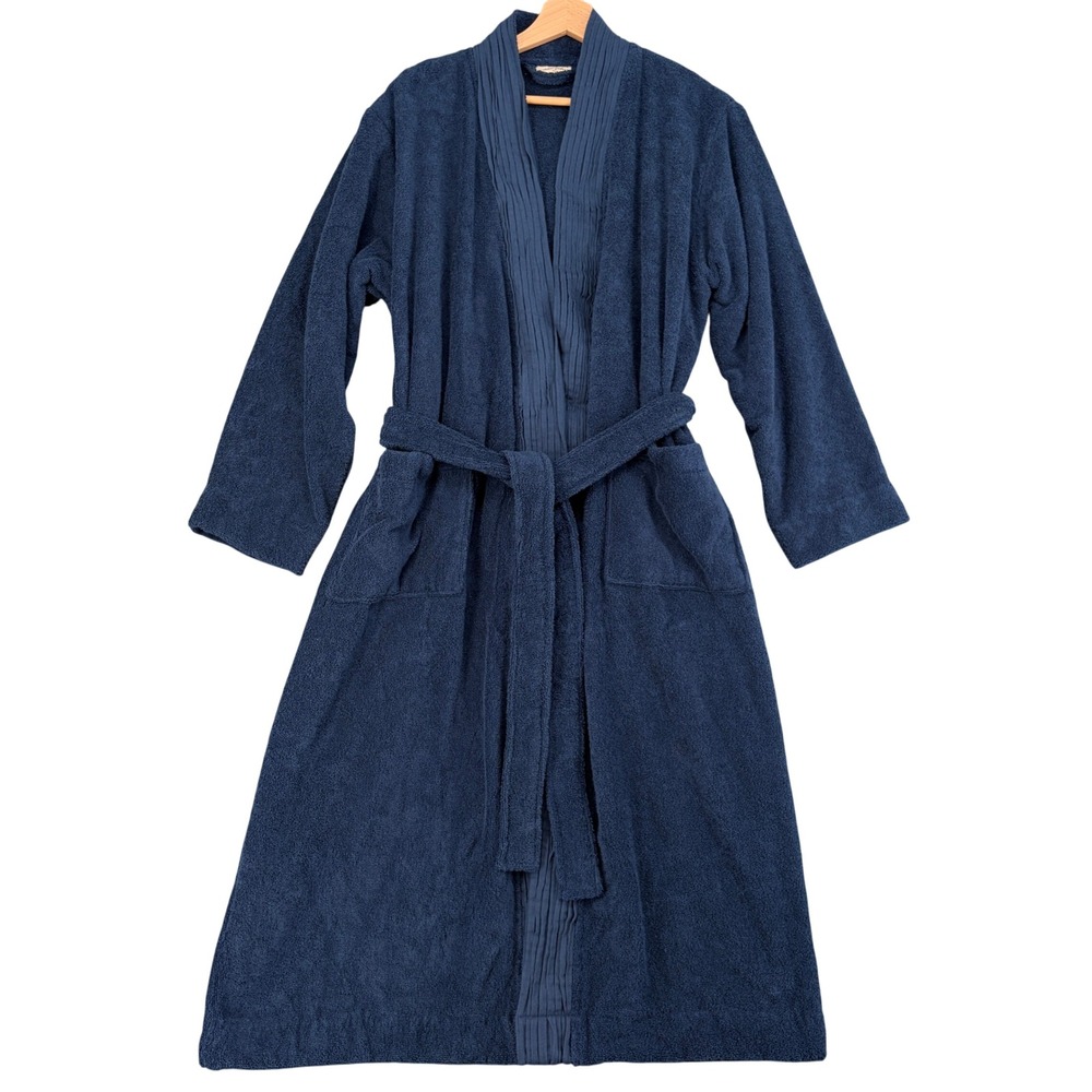 Pure Fiber Women Navy Blue 100% Turkish Cotton Terry Cloth Robe S/M Quiet Luxury